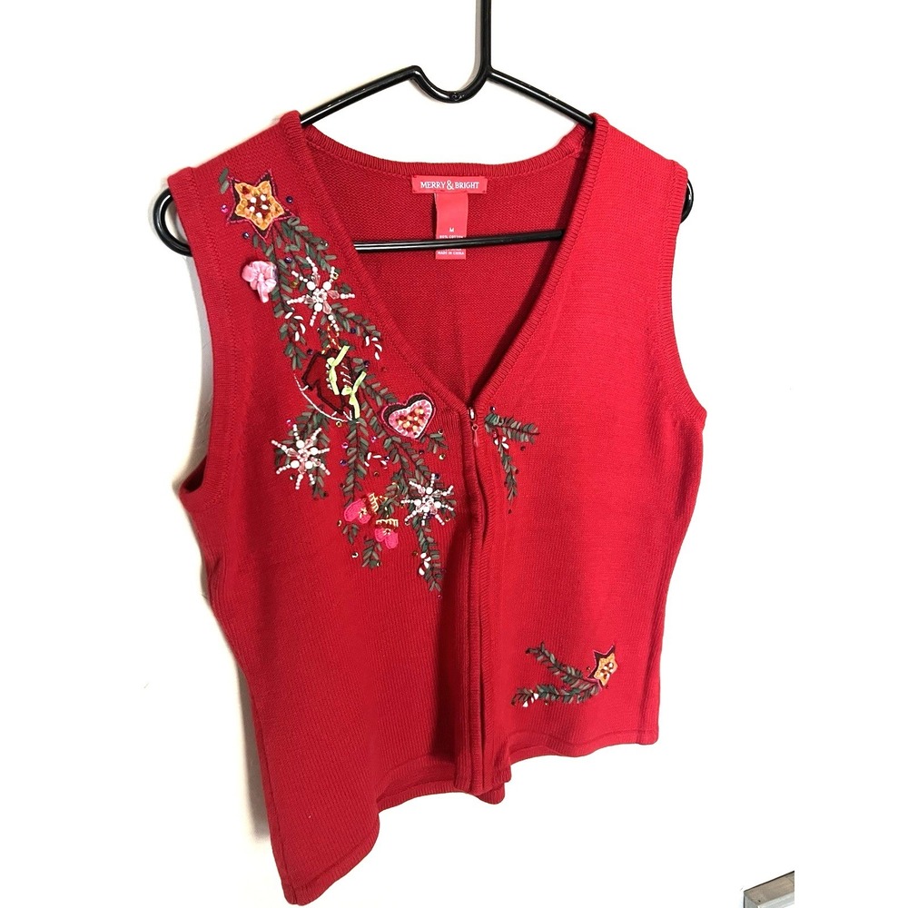 Merry & Bright Red Christmas Holiday Sweater Vest Embroidered Beaded Zip Medium